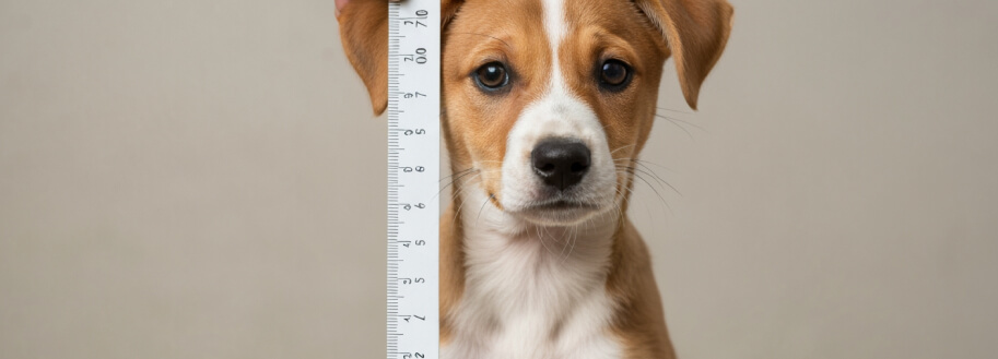 крупный план – мультяшный щенок стоит и линейкой изменяет свои уши.